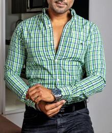 Camisa Hombre Casual Mini Cuadros Verdes, Blancos - Verde - Ver 1