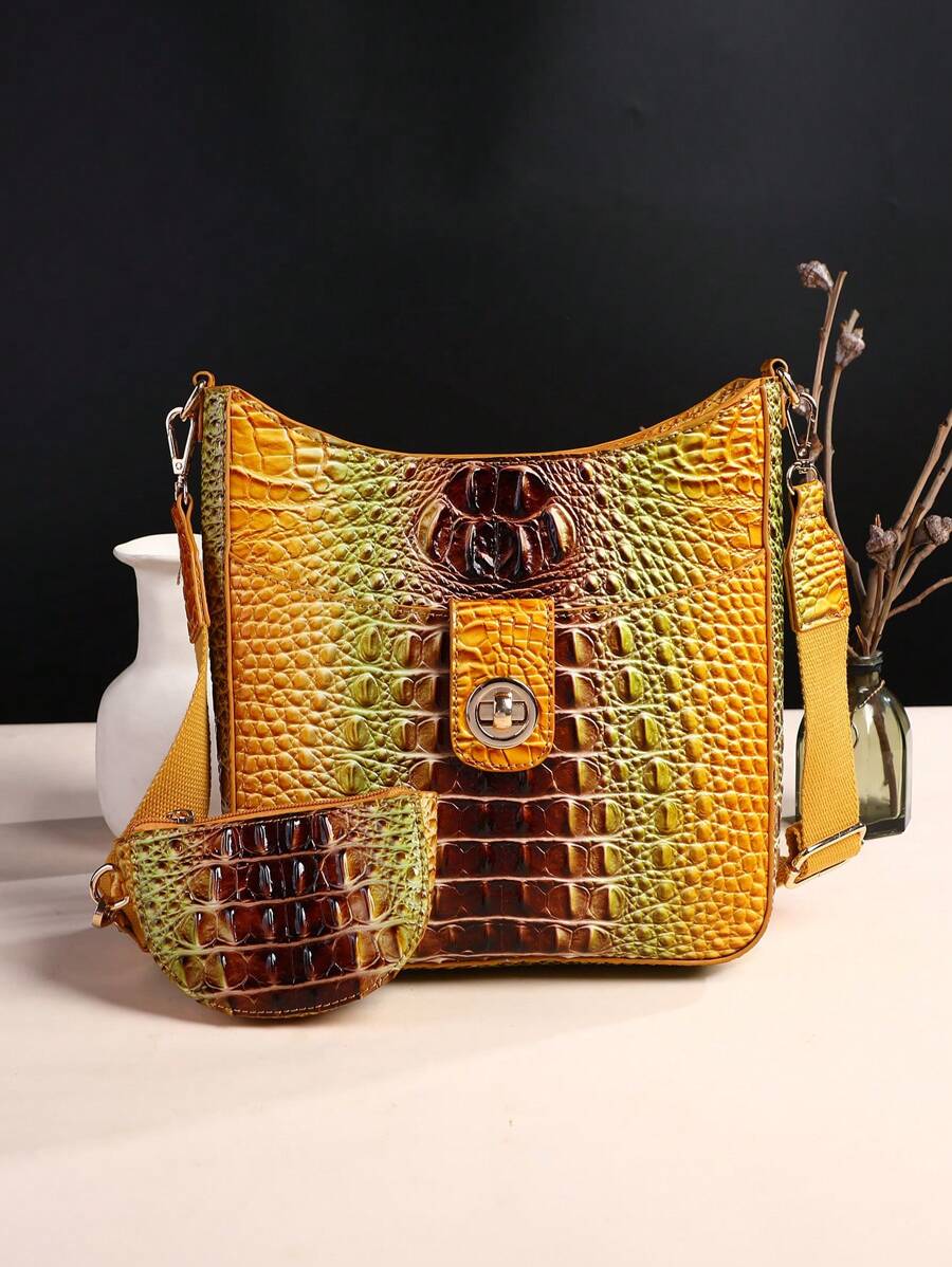 Removable Two-Piece Women's Cross-Body Bag - Fashionable Animal Print Faux Leather With Wide Shoulder Strap, Safety Zipper Closure, Polyester Lining, And Coin Purse - Elegant And Stylish Accessory For Everyday Use - 6# Yellow + brown - View 1