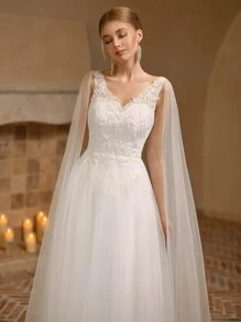 Váy cưới thanh lịch mùa hè cho phụ nữ với váy dạ hội bằng vải tuyn lưới thêu màu trắng - trắng - Xem 4