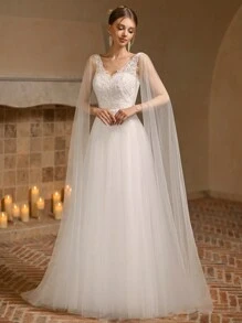 Váy cưới thanh lịch mùa hè cho phụ nữ với váy dạ hội bằng vải tuyn lưới thêu màu trắng - trắng - Xem 2