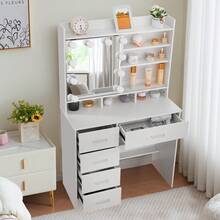 Dressing Table With LED Lights Mirror 6 Shelves And 5 Drawers Vanity Makeup Desk - White - View 3