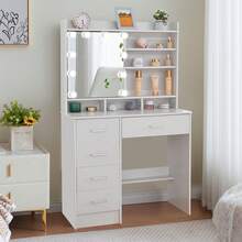 Dressing Table With LED Lights Mirror 6 Shelves And 5 Drawers Vanity Makeup Desk - White - View 9