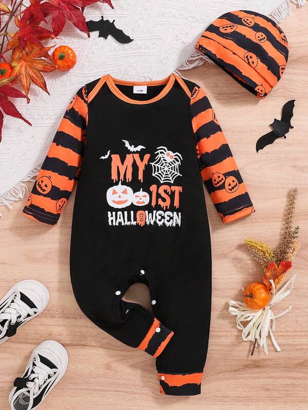 Halloween Fall/Winter Alphabet Pumpkin Print Crewneck Long-Sleeved Jumpsuit