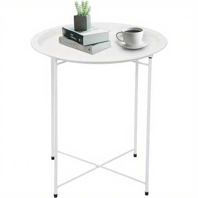 Tray Metal Side Table 47x50cm Small Side Table With Removable Round Tray Round Coffee Table For Outdoor Or Indoor For Home Kitchen White