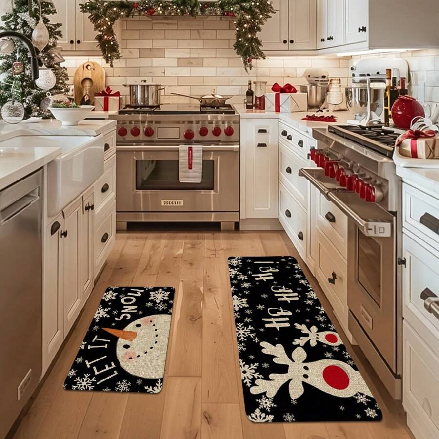 1/2pcs Thickened 0.47 Inch/1.2cm Snowman Deer Let It Snow Snowflake Christmas Kitchen Mats Set , Winter Decor Low-Profile Kitchen Rugs For Floor - Multicolor - View 1