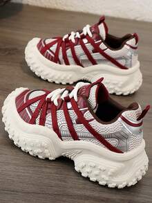 厚底增高运动鞋，时尚厚底运动鞋，女士透气休闲鞋，秋季 - 酒紅色 - 查看 2