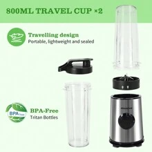 Blender For Juices, Shakes, Smoothies, 600W, 4 Stainless Steel Blades, Includes 2 Portable 800ml Sports Bottles And 2 Lids, Stainless Steel, Black - 查看 5