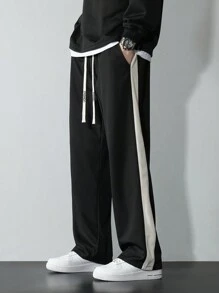 Pantalones casuales con ajuste holgado, pierna recta, cordón y cintura elástica para hombres - Negro - Ver 1