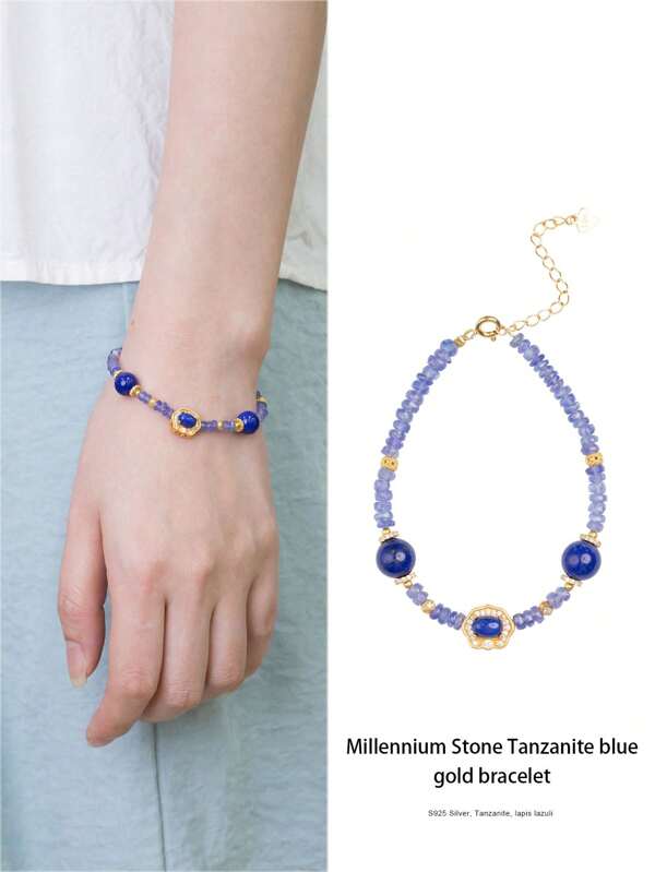 VE [VE] 1 pièce Bracelet en argent sterling de luxe avec tanzanite authentique et lapis-lazuli ancien, magnifique comme le ciel étoilé, idéal pour un cadeau ou un usage personnel. Les couleurs des pierres naturelles peuvent varier.