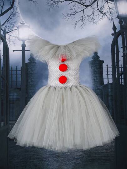 Young Girls Grey Horror Clown Mesh Halloween Dress, Handmade Princess Gown, Suitable For Halloween Party, Carnival, Friends Gathering, Birthday Party, Stage Performance And Other Major Festivals