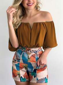 SHORT SLEEVE CROPPED SHOULDER V-NECKLINE - 咖啡棕 - 查看 2