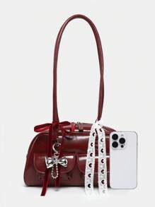 1pc Vintage Minimalist Bow & Heart Decor Large Capacity One Shoulder Bowling Boston Bag, Multi-Pockets, Suitable For Dating, Outing, Party, Street & Japanese Bag For Women - Burgundy - View 4