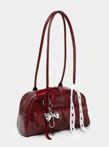 1pc Vintage Minimalist Bow & Heart Decor Large Capacity One Shoulder Bowling Boston Bag, Multi-Pockets, Suitable For Dating, Outing, Party, Street & Japanese Bag For Women - Burgundy - View 2