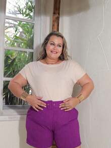 Women's Linen Shorts With Covered Belt Plus Size, Versatile, Affordable, Basic, Comfortable, Large Size, Special, Daily Use, Warmth, Light, Elegant, Summer, Plus Fashion - 紫色 - 查看 2