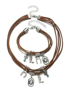 2pcs Bohemian Vintage Cowgirl Style Brown Waxed Alloy Cowboy Hat, Horseshoe Boots, Cactus Multi-Layer Adjustable Ladies Jewelry Gift Set - Multicolor - View 4