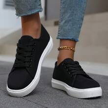 四季帆布鞋，女士厚底透气低帮休闲运动鞋，厚底增高运动平底鞋 - 黑與白 - 查看 2