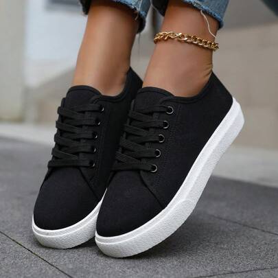 All-Season Canvas Shoes, Women Platform Breathable Low-Top Casual Sneakers, Thick Sole Elevator Sport Flat Shoes