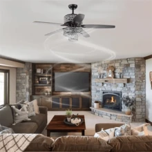 Quạt trần 5 cánh Farmhouse Dual Crystal Shade 52 inch có thể đảo ngược kèm bộ đèn và điều khiển từ xa 3 tốc độ (cao, trung bình, thấp) - Không bao gồm bóng đèn - Phích cắm loại C của EU (220-240V) - Xem 3