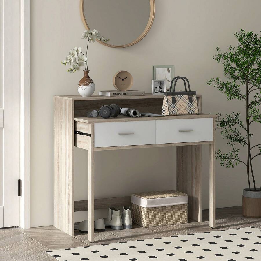 HOMCOM Mesa Consola Escritorio Extensible de 2 Niveles con Rieles Deslizantes 2 Cajones y 2 Ruedas Antivuelco Mesa de Entrada Doble 95x35x87 cm Roble - Caqui - Ver 1