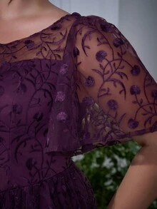 Plus Size Floral Embroidered Lace Sheer Midi Dress With Flared Hem, High-End Evening Gown, Elegant Bridesmaid Dress - Purple - View 6
