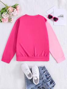 1pc Girls' Casual Versatile Colorblock Round Neck Sweatshirt, Autumn/Winter - Pink - View 2