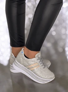 MUJER ZAPATILLAS DEPORTIVAS CON CORDONES TENIS DE PLATAFORMA GLITTER BRILLOS FIESTA DIAMANTE IMITACION BODA XV AÑOS PLATEADOS ELEGANTES LUJO - Plateado - Ver 3
