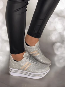 MUJER ZAPATILLAS DEPORTIVAS CON CORDONES TENIS DE PLATAFORMA GLITTER BRILLOS FIESTA DIAMANTE IMITACION BODA XV AÑOS PLATEADOS ELEGANTES LUJO - Plateado - Ver 2
