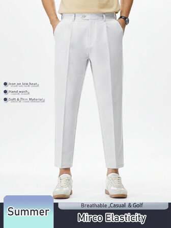 1pc Men's Summer Thin Solid Color Single Pleat Cropped Pants, Suitable For Business Commuting And Casual Daily Wear