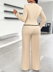 AIJ Conjunto de traje asimétrico de una sola hilera con detalles de bolsillo y ribete de contraste para mujer, adecuado para el trabajo y el transporte, Amarilo 2024 Otoño/Invierno Nuevo - Albaricoque - Ver 2