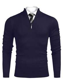 Men's Casual Solid Color Zipper Mock Neck Sweater, Spring/Autumn - Navy Blue - View 3