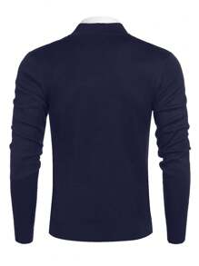 Men's Casual Solid Color Zipper Mock Neck Sweater, Spring/Autumn - Navy Blue - View 2