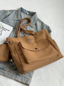 2 件套：棕色零钱包和帆布手提包，女士休闲大容量单肩包，适合日常使用、工作通勤、大学生上课