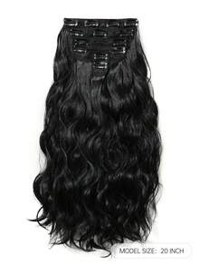 Extensiones de cabello de 20 pulgadas, negro, extensiones de cabello con clip, 6 piezas/set, extensiones de cabello suaves onduladas y rizadas, extensiones de cabello gruesas, extensiones de cabello con clip, postizos de cabello para mujeres, extensiones de cabello completas con clip, fibra sintética, perfectas para fiestas, bodas y glamour diario - Negro - Ver 3