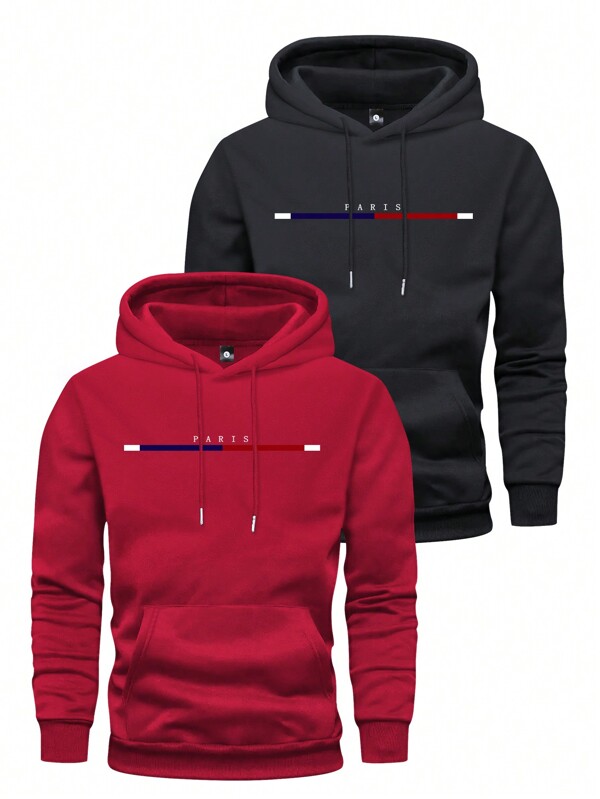 2 pièces Sweat à capuche à manches longues à imprimé graphique, coupe régulière pour hommes, hauts décontractés pour le printemps et l'automne, pour l'extérieur