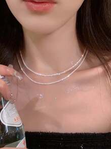 Nooxian 2 件/套时尚简约银色闪亮星形链项链，精致女士珠宝 - 銀色 - 查看 3