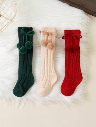 3 双/批 冬秋季女宝宝樱桃球及膝袜 幼儿筒形公主袜 儿童针织袜 0-3 岁
