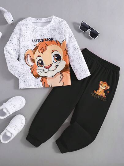 2pcs/Set Toddler Boys' Casual Sports Style Lion Graphic Print Sweatshirt And Sweatpants Set, Spring/Summer