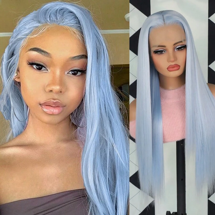 Light Blue Color Wig 26 Inches Long Silky Straight Synthetic Lace Front Wigs 13x4 Free Part Pre Plucked Baby Hair Natural Hairline For Fashion Women Girls Party Daily Vacation Halloween Use Heat Resistant Fiber Glueless Frontal Lace Replacement Wig Ready To Wear - 淺藍色 - 查看 1