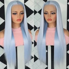 Light Blue Color Wig 26 Inches Long Silky Straight Synthetic Lace Front Wigs 13x4 Free Part Pre Plucked Baby Hair Natural Hairline For Fashion Women Girls Party Daily Vacation Halloween Use Heat Resistant Fiber Glueless Frontal Lace Replacement Wig Ready To Wear - 淺藍色 - 查看 4
