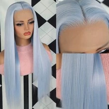 Light Blue Color Wig 26 Inches Long Silky Straight Synthetic Lace Front Wigs 13x4 Free Part Pre Plucked Baby Hair Natural Hairline For Fashion Women Girls Party Daily Vacation Halloween Use Heat Resistant Fiber Glueless Frontal Lace Replacement Wig Ready To Wear - 淺藍色 - 查看 2