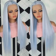 Light Blue Color Wig 26 Inches Long Silky Straight Synthetic Lace Front Wigs 13x4 Free Part Pre Plucked Baby Hair Natural Hairline For Fashion Women Girls Party Daily Vacation Halloween Use Heat Resistant Fiber Glueless Frontal Lace Replacement Wig Ready To Wear - 淺藍色 - 查看 5