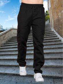 Men's Cargo Pants With 6 Pockets, Wide, Skate Pants, Drawstring Closure - Black - View 2
