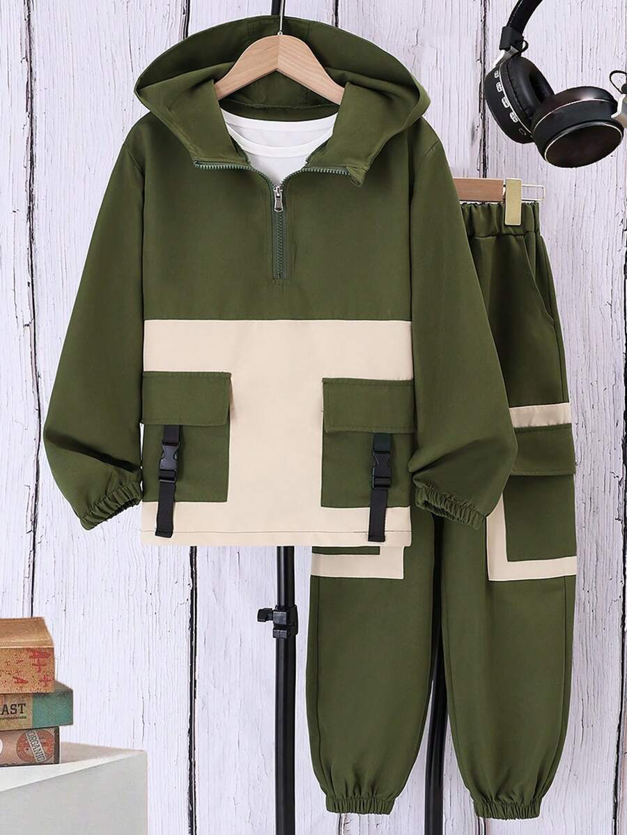 Tween Boy Colorblock Half Zip Hooded Jacket And Loose Cargo Pants Set