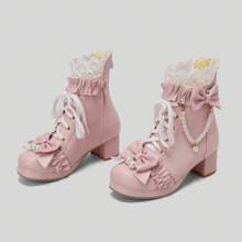 Kawaii Shoes For Women,Goth Lolita Platform Boots,Bow Ankle Boots Cute Sweet Cosplay Shoes - Hồng - Xem 9
