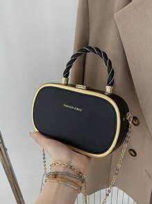 Túi xách mini bằng da PU in chữ thời trang màu khối kim loại tối giản kiểu hộp cho nữ - màu đen - Xem 2
