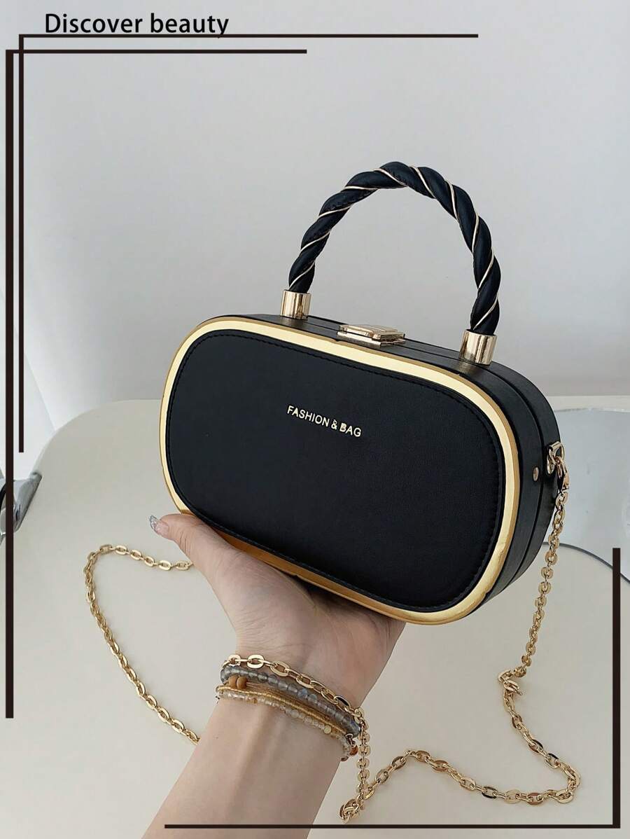 Túi xách mini bằng da PU in chữ thời trang màu khối kim loại tối giản kiểu hộp cho nữ - màu đen - Xem 1