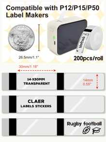 Marklife 透明标签制作胶带，热敏透明标签纸，自粘标签，兼容 P50/P15/P12 标签制作器，14X40mm（0.55 英寸 X 1.58 英寸），14X30mm 200 标签/卷，1 卷，透明底黑色 - 彩色 - 查看 5