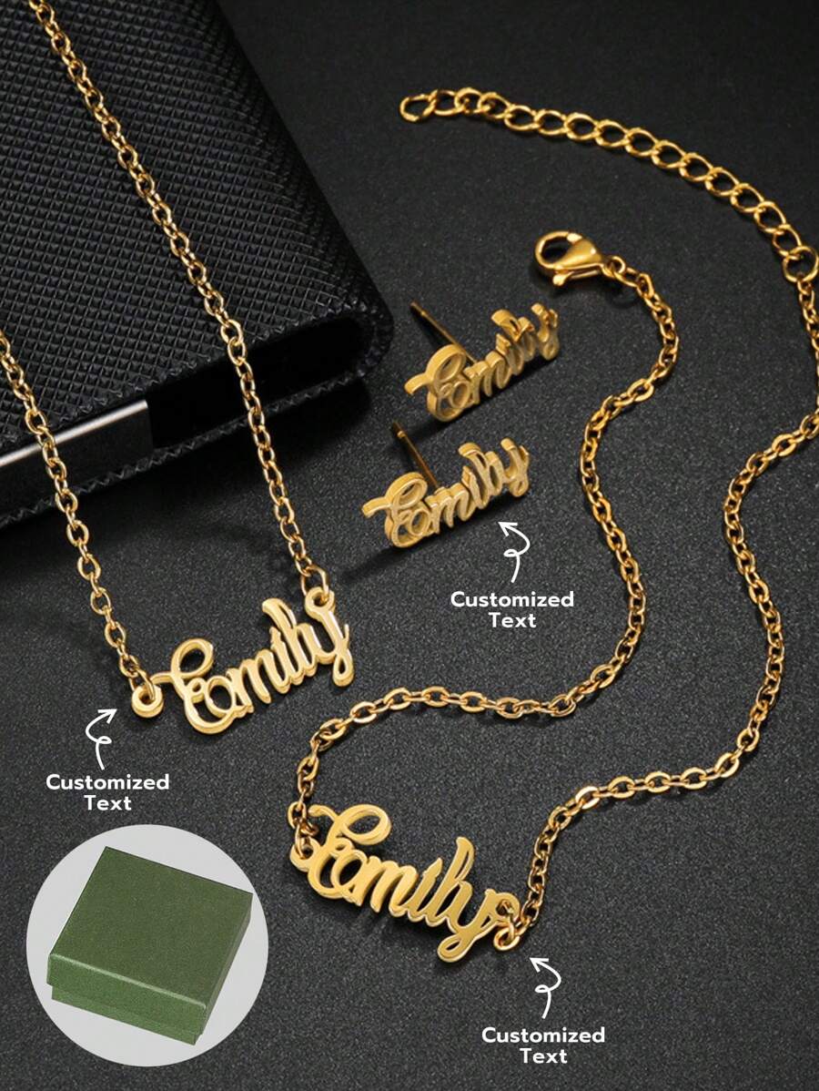 1 Piece Of New DIY Custom Hollow Letter Necklace,  Bracelet, Earring Set, 18k Gold Plated Stainless Steel Jewelry Set, Including High-End Exquisite Gift Box, For Friends, Family, Loved Ones, Father's Day, Holiday Gifts - Gold - View 1