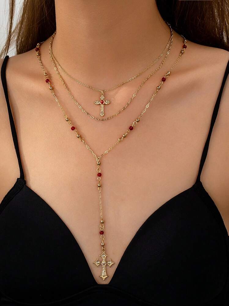3 pièces Set de colliers superposés avec pendentif croix gothique de vampire pour femmes