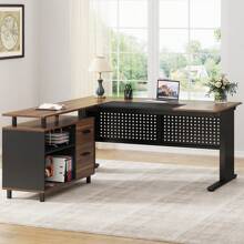 Tribesigns 63 Inch Executive Desk With File Cabinet, Large Office Desk L Shaped Computer Desk With Drawers And Storage Shelves, Business Furniture Desk Workstation For Home Office Decor Furniture, Brown And Black